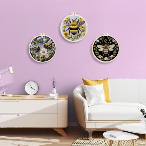 Huacan Embroidery Kit for Adults Beginners with 3 Hoops & Gift Box - color: Bees