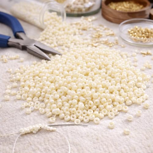 Perlin Glass Seed Beads 3mm 8/0 Round Mini Small Pony Beads 3300pcs for Making Earrings Bracelets Pendants Waist Jewelry DIY Handmade Opaque Color Kit (Cream, 2,6 mm ~ 3 mm) - color: Cream