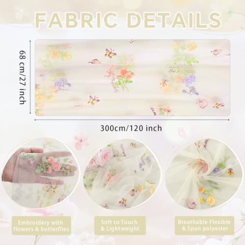 Beige White Floral Gauze Table Runner 10ft Embroidery Spring Tulle Linens - color: Beige, size: 27"x120",6pcs