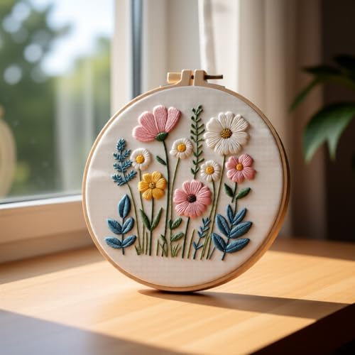Embroidery Kit for Beginners & Adults Starter Kit, Cross Stitch Kits,DIY Hand Embroidery Needlepoint Set with Hoop, Pre-Printed Fabric, Threads and Instructions (Flower) - color: Flower