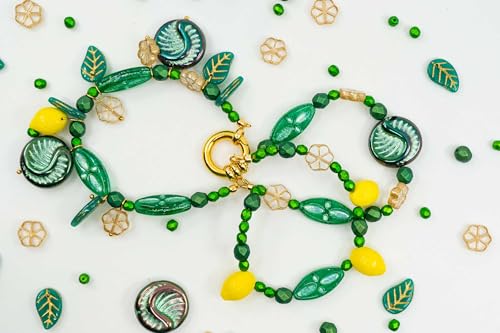 2.1oz (60g) of Focal Czech Glass Bead Mix with Lemon Shaped Beads, Seashel Beads and Leaf Beads, Emerald - color: Green Emerald Mix