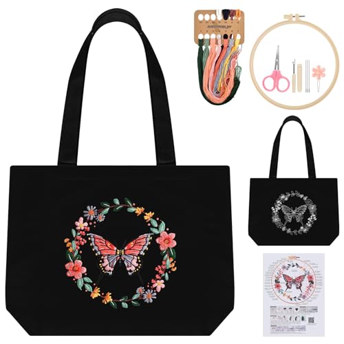 ERKOON Embroidery Canvas Tote Bag for Beginners, Floral Arts Crafts Cross Stitch Kits for Adults Including Stamped Embroidery Bag with Hoops, Needle, Instruction and Color Threads (Butterfly) - color: Butterfly