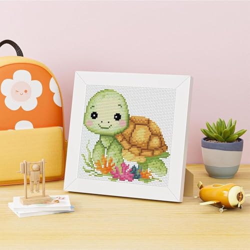 VIGEGU Turtle Stamped Cross Stitch Kits for Adult Beginner with Frame - color: Turtle