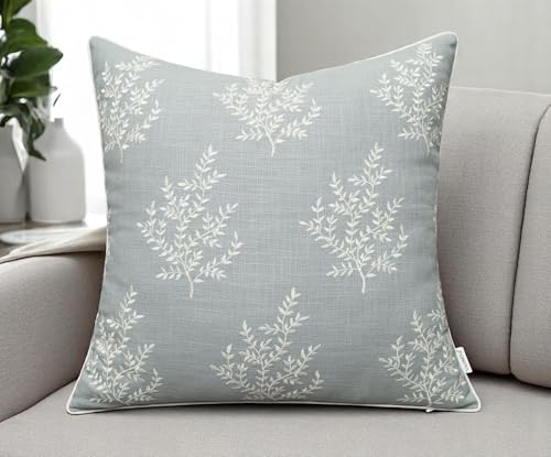 VAGMINE Embroidered Fern Leaf 20x20 Throw Pillow Cover, Robins Egg - color: Robins Egg-leaves, size: 20" x 20" (Pack of 1)