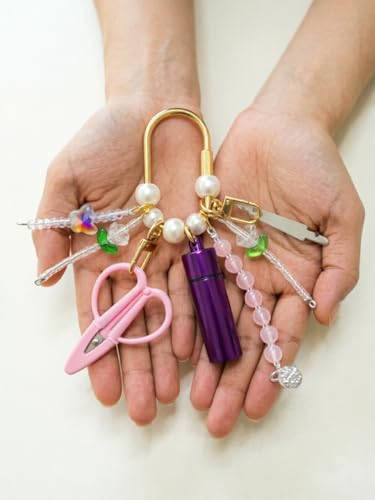 MEYAGO Needlepoint Bag Charm Tool Kit with Mini Embroidery Scissors, Needle Threader, Needle Holder Tube & Gold Keyring, Portable Embroidery Accessories for Cross Stitch Sewing DIY Crafts (Pink) - color: Pink