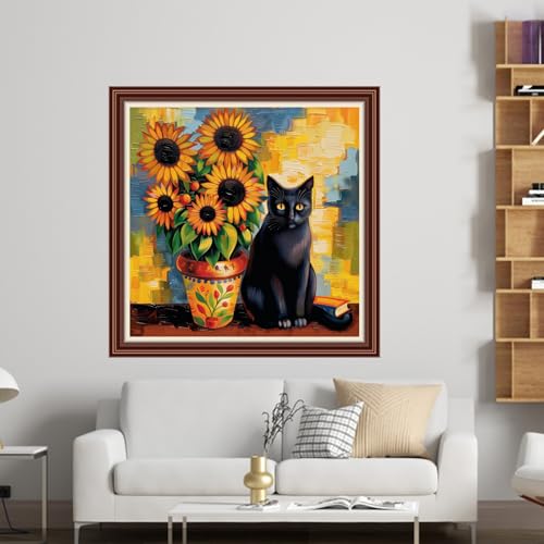 Dimensean Counted Cross Stitch Kit for Beginners, 11CT Unprinted Cross-Stitch Kit Easy Patterns Needlepoint Kit Cross Stitching Embroidery Kit Supplies-Sunflower Cat 18x18 inch - color: DIYColor14