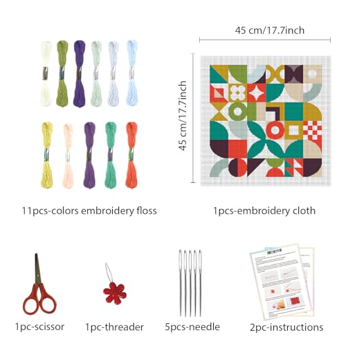 FREEBLOSS 11CT Cross Stitch Kit Cross Stitch Craft Kit with Stitching Guide for Beginners Memphis Stamped Embroidery Set Crossstitch Wall Hanging Set 17.7x17.7inch