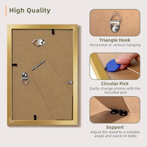 HappyHapi 4x6 Picture Frame Set of 5, Display Photo 3.5x5 with Mat or 4x6 without, Gallery Wall Frame Set, Wall or Tabletop Display (Gold) - color: gold, size: 4x6