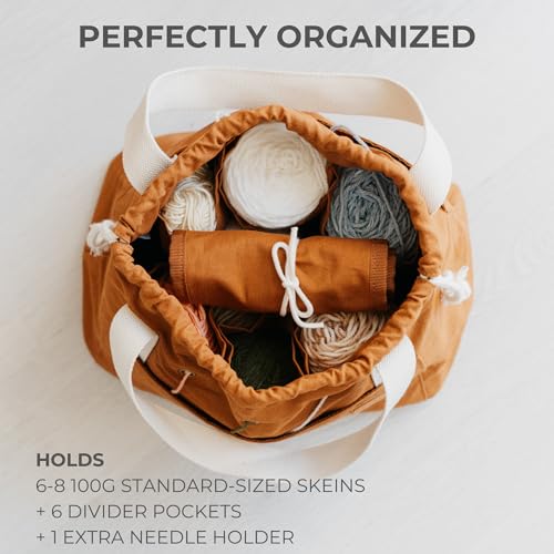 Stylish Crochet Bag Organizer for Yarn - Durable Canvas with 8 Pockets - color: Brown