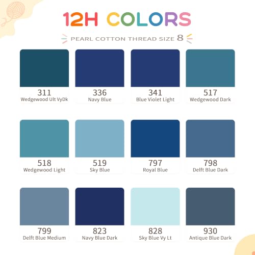 Size 8 Double Mercerized Egyptian Long Staple Cotton Pearl Thread 12 Gradient Colors per Box 5 Grams Ball Rainbow Color Embroidery Thread for Crochet Cross Stitch Hand Embroidery (12H) - color: 12H