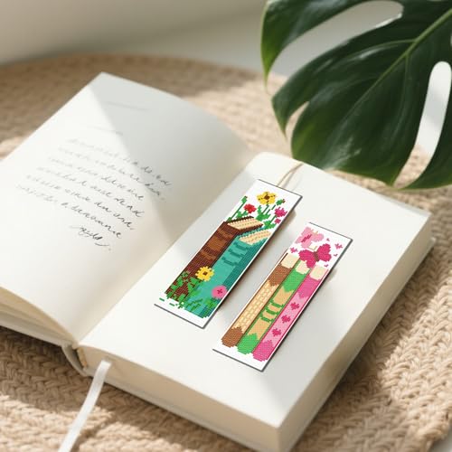 FREEBLOSS 6 Set 11CT Cross Stitch Bookmarks Kit Books Theme Stamped Cross Stitch Kit DIY Embroidery Bookmark Set with Instruction for Adults Beginners Gift for Reading Enthusiasts 20x6cm/8x2.4inch - style: Spine