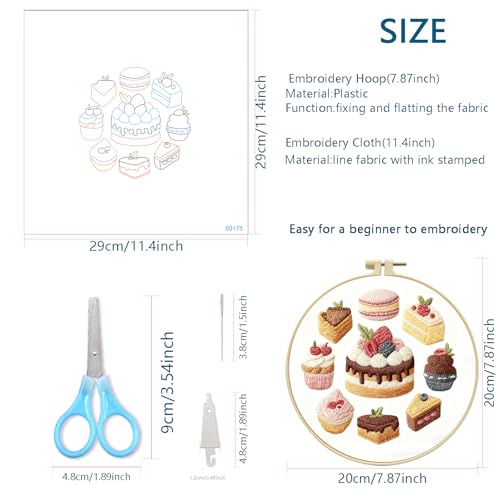 Zhenqing Chocolate Cake Embroidery Kit for Beginners, Pre-Printed 29x29cm Fabric with 20cm Hoop, Threads & Tools, Dessert Design with Macarons and Cupcakes(C0175)