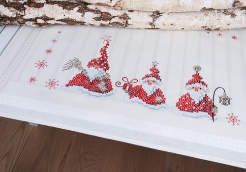 Vervaco Embroidery Christmas Embroidery Kits Cross Stitch Table Runner DIY Set, Tablecloth to Embroider with Image on Cotton and Embroidery Thread, 16 x 40 Inches, Three Christmas Gnomes - color: Various