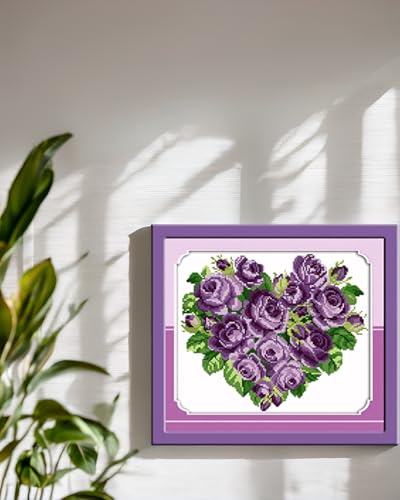 CaptainCrafts Cross Stitch Kits, Stamped Cross Stitch Preprinted Fabric Cross Stitching DIY Art DMC Needlecrafts Embroidery Kit for Adults (Preprinted 14CT, Rose Heart Purple) - color: Rose Heart Purple, style: Preprinted 14CT