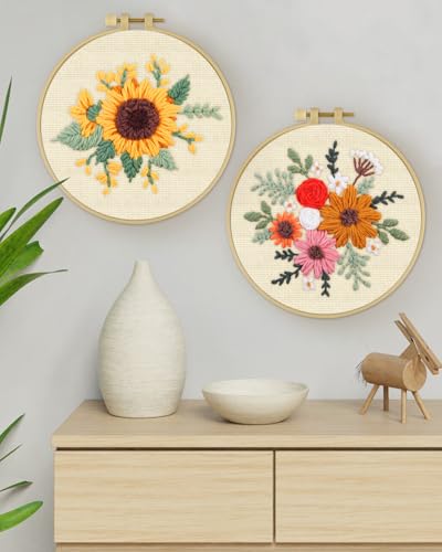 ERKOON Punch Needle Kit Adults Beginners, 2 Pcs DIY Easy Flower Embroidery Set for Starter Art Craft, Needling Punching Project with Patterns, Tools, Yarns, Hoop, Instruction (Colorful Flowers) - color: Colorful Flowers