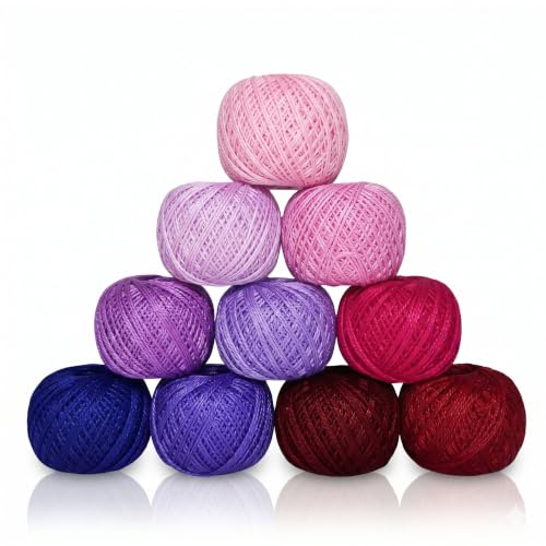 KGS Crochet Thread Cotton Yarn Balls | Size 8 | 10 Balls | 10 Grams Each Ball | Total 100 Grams of Pearl Cotton Thread for Crocheting, Hardanger, Needlepoint Hand Embroidery (Berry Bliss) - color: Berry Bliss