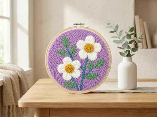 Meoe&heome Punch Needle Kit for Beginners, DIY Embroidery Set with 20+ Patterns(Violet White Flower) - color: Violet White Flower