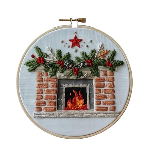 Christmas Embroidery Kit DIY Hand Embroidery Starter Cross Stitch Kits, Christmas Ornaments Embroidery with Stamped Pattern,Cotton,Threads,Needles,Instructions for Adults Beginners (Fireplace) - color: Fireplace