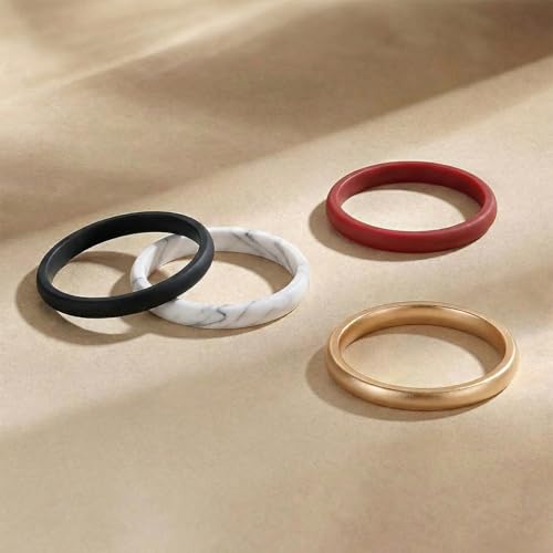 Egnaro Women's Silicone Wedding Ring 2.5mm Wide 1.8mm Thick Rubber Band Set - color: SETN-Black,Marble,Maroon,Rose Gold