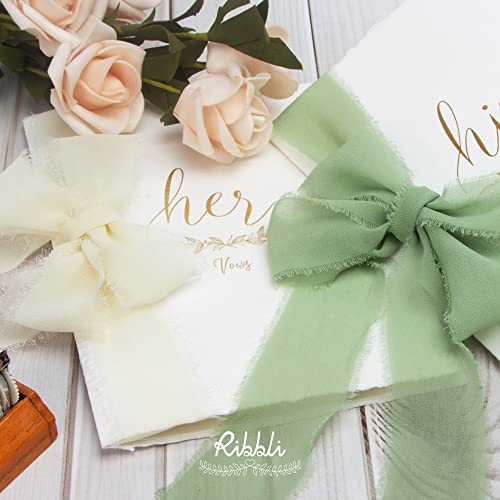 Ribbli Sage Green Chiffon Ribbon 1-1/2 inch x 30 Yard Handmade Fringe Chiffon Sage Silk, Sage for Wedding Invitations, Bridal Bouquets Wrapping, Flower Arrangement Decoration - color: Sage Green