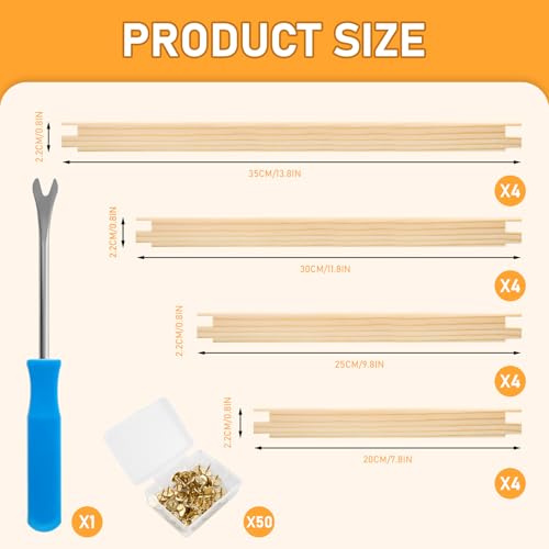 16 PCS Stretcher Bars for Needlework, 4 Sizes Wooden Splicing Canvas Needlepoint Embroidery Stitch Frame Set with 50 Thumb Tacks & Tack Remover for Cross Stitch Hand Embroidery Art Craft Supplies