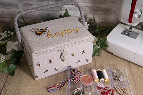Hobby Gift Medium Sewing Box Organiser, Fabric Covered Storage Box with Handle, Internal Tray, Pin Cushion and Pocket for Sewing, Quilting and Knitting Supplies - color: Bee Happy