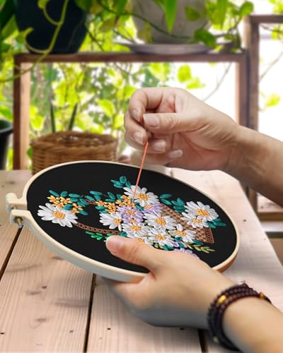 TINDTOP Embroidery Kit for Adults, Ribbon Embroidery Practice Kits for Beginners Adults Include Embroidery Cloth Hoops Threads for Craft Lover Hand Stitch (Flowers) - color: FLowers(Silk Ribbon Embroidery)