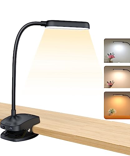 COLORLIFE Desk Lamp Clip On Light-7W 2600mAH Flexible Gooseneck Battery Operated Rechargeable Reading Lamp with Clamp & Stepless Brightness for Desk,Piano,Bed Headboard and Computers - color: Black