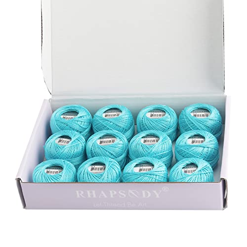Rhapsody Pearl Cotton Thread Size 8 Crochet Thread Perle 12 Balls Set Hand Knitting, Embroidery, Sashiko, Cross-Stitch, Sewing, Needlepoint, DIY, Quilting (LT Bright Turquoise, Col. 432) - color: LT Bright Turquoise, Col. 432