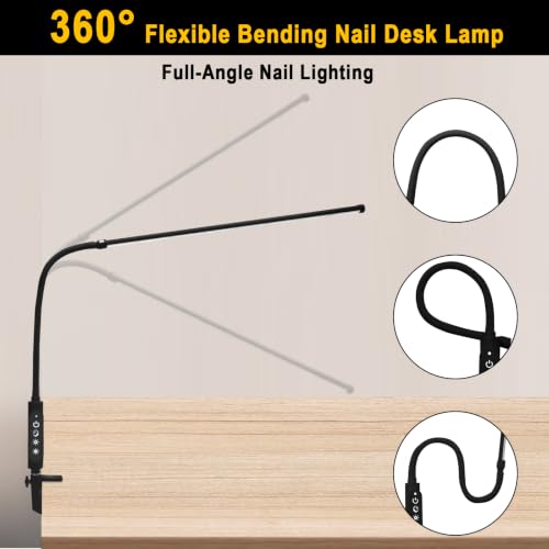 CGBE Nail Light for Desk, 23.6" Nail Desk Lamp with 360° Flexible Gooseneck - color: Black-Clip
