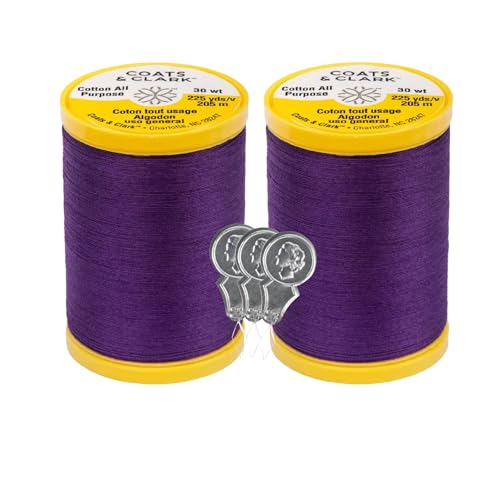 Coats & Clark Cotton All Purpose Sewing Thread 100% Mercerized Cotton 225 Yards Each Spool S970 2 Pack Bundle with 3 Bella's Crafts Needle Threaders (Purple) - color: Purple