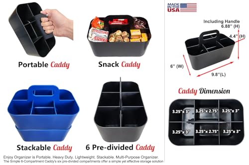 2 Pack Small 6 Compartment Multiuse Caddy Organizer with Handle Art Craft Supplies, Office, Desk, Stationery Pen Holder Stackable- Made In USA (Blue) - color: Blue