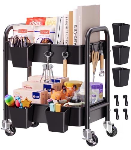2 Tier Small Rolling Cart Metal with Wheels, Black Under Desk Storage Carts - color: Matte Black, size: 2 Tier + Cups + Hooks