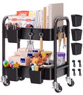 2 Tier Small Rolling Cart Metal with Wheels, Black Under Desk Storage Carts - color: Matte Black, size: 2 Tier + Cups + Hooks