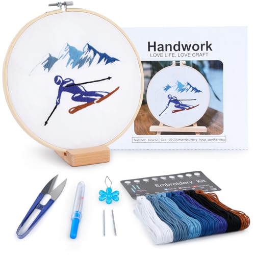 Embroidery Kit for Adult Beginners,Skiers Snow Mountain Embroidery Kit with Step-by-Step Instructions & Video,Printed Cloth,7.87" Hoop,Display Stand,Color Threads and Tools for Craft Lover(BES012) - color: Blue and brown skier