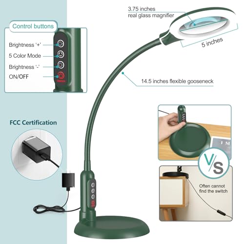 10X Magnifying Glass with Light and Clamp, 5 Color Modes Stepless Dimmable Lighted Magnifier with Stand, Flexible Gooseneck LED Desk Lamp Hands Free for Craft Painting Hobby Close Work - Green - color: Green, size: 10X