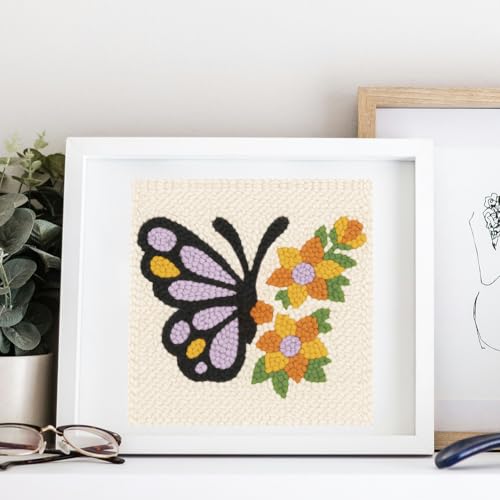 Doodlream Butterflies and Flowers DIY Punch Needle Embroidery Kit for Adult Beginner, 9.4" Punch Stitching Craft Set for Starter with Frame, Fabric Pattern, Threader, Yarn, Pinch Needle - color: Butterflies and Flowers