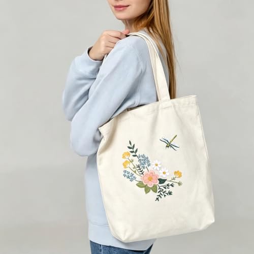 Canvas Tote Bag Embroidery Kit, Embroidery Kits for Beginners, Arts and DIY Crafts Embroidery Starter kit, Include Stamped Embroidery Bag, Threads, Embroidery Tools (Beige Bag with Dragonfly 2) - color: Beige Bag with Dragonfly 2