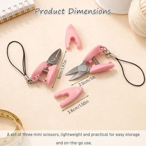 3-Piece Ultra Mini Travel Scissors Set, Tiny Keychain Snips with Safety Cap for Sewing, Yarn & Paper (Pink,3pc) ﻿