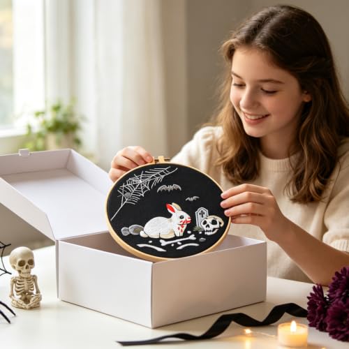 Halloween Embroidery Kits for Beginners Adults, Gothic Rabbit Embroidery DIY Kit, Halloween Cross Stitch Kits Needlepoint Kits for Beginners Adults Woman Gifts, Embroidery Hoop, Thread, Video Tutorial - color: H2123