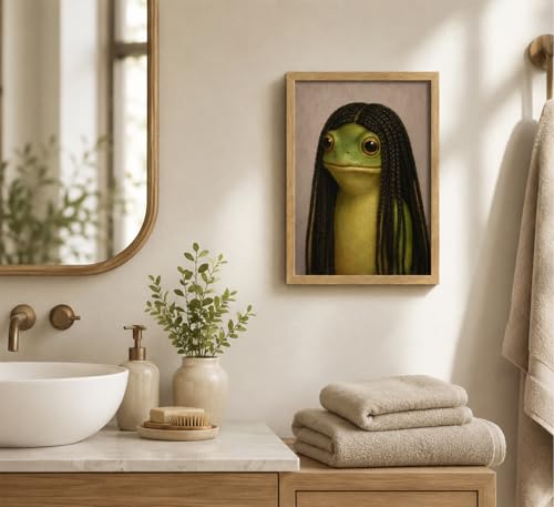 Whimsical Frog Wall Art Funny Braids Frog Framed Picture for Bathroom Decor - color: Frog Braids, size: 10"L x 8"W