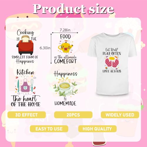 Dtf Transfers Ready to Press - 20Pcs Cute Funny Kitchen Quotes Iron on Transfers for Tshirts Kitchen Designs Iron on Decals Cooking Heat Transfer Vinyl Stickers for Clothing Pillows Bag DIY Crafts - color: Cute Kitchen