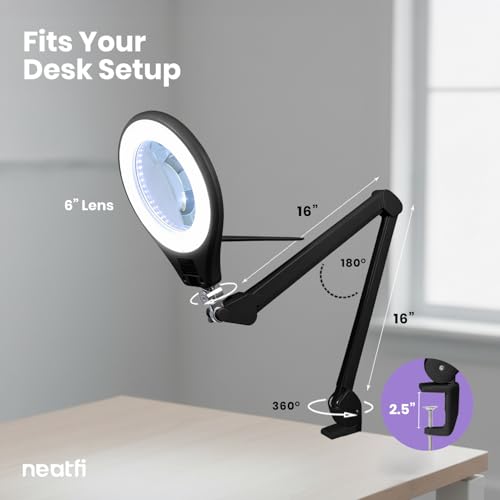 Neatfi Elite Super LED Magnifying Lamp with Clamp – 6” Glass Lens, 5D/12D Bifocal, 6500K Daylight | Glare-Free, Nonpolar Dimming | Reading, Crafting & Precision Work (6 Inch Lens, Black) - color: Black, size: 6 Inch Lens