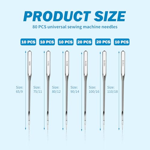 Juxiamal 80 PCS Universal Sewing Machine Needles 6 Sizes 65/9 75/11 80/12 90/14 100/16 110/18 Compatible with Singer Brother Heavy Duty Sewing Needles for Leather Embroidery Jeans
