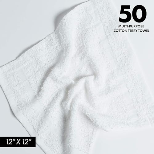 100% Cotton Terry Towels Cleaning Cloths Pack of 50 (12x12 Inches) White Cotton Terry Cloth Bar Rags White Bar Towels, Multipurpose High Absorbent Terry Towels for Cleaning Auto Detailing or Painters - size: 50 Count (Pack of 1)