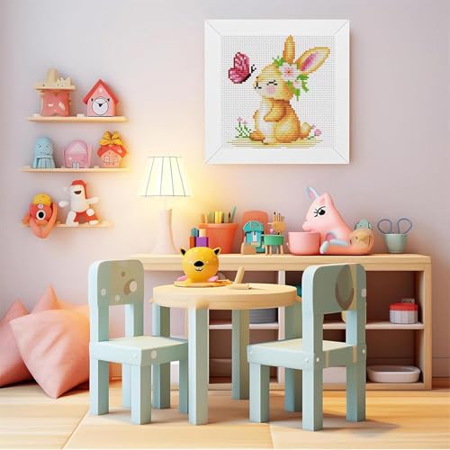 VIGEGU Rabbit Stamped Cross Stitch Kits for Adult Beginner with Frame - color: Rabbit
