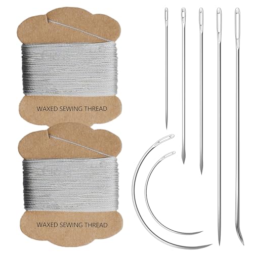 Upholstery Repair Kit: Extra Strong Waxed Sewing Thread 2Rolls (Gray Color) &Heavy Duty Household Hand Needles (7 PCS) for Leather, Canvas, Bookbinding & Quilting Thread - color: Gray Color