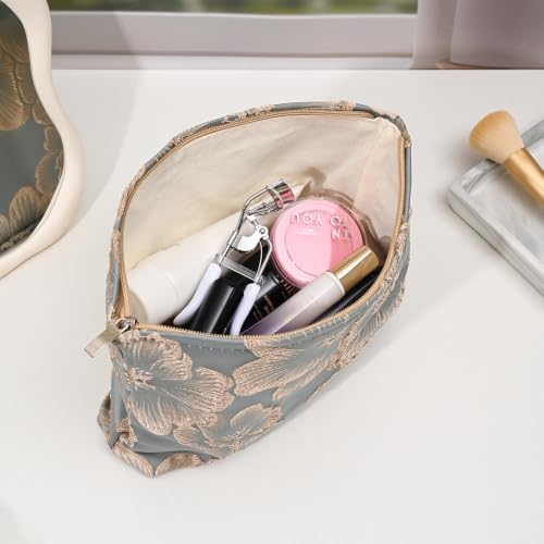 Elegant Golden Floral Embossed Makeup Bag Cosmetic Pouch Embroidery Craft - color: Gold Flower