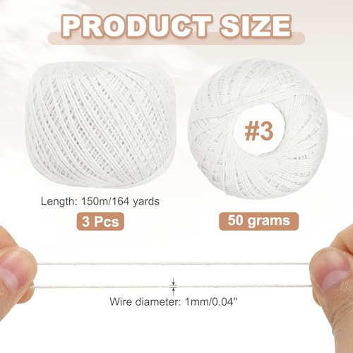 MECCANIXITY Crochet Thread Pearl Cotton Size 3 White 3 Rolls 164 Yards for Crocheting Tatting Knitting Embroidery Sewing - color: White