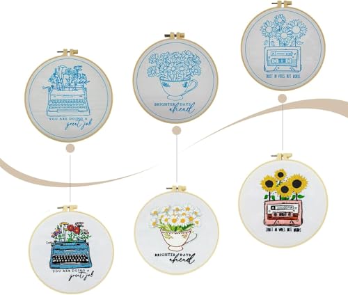 HKLIOPU Embroidery Kit for Adult,3-Pack Pre-Stamped Patterns,7.8-Inch Hoop,Threads & Needles,Step-by-Step Guide,DIY Needlework Craft Gift for Women